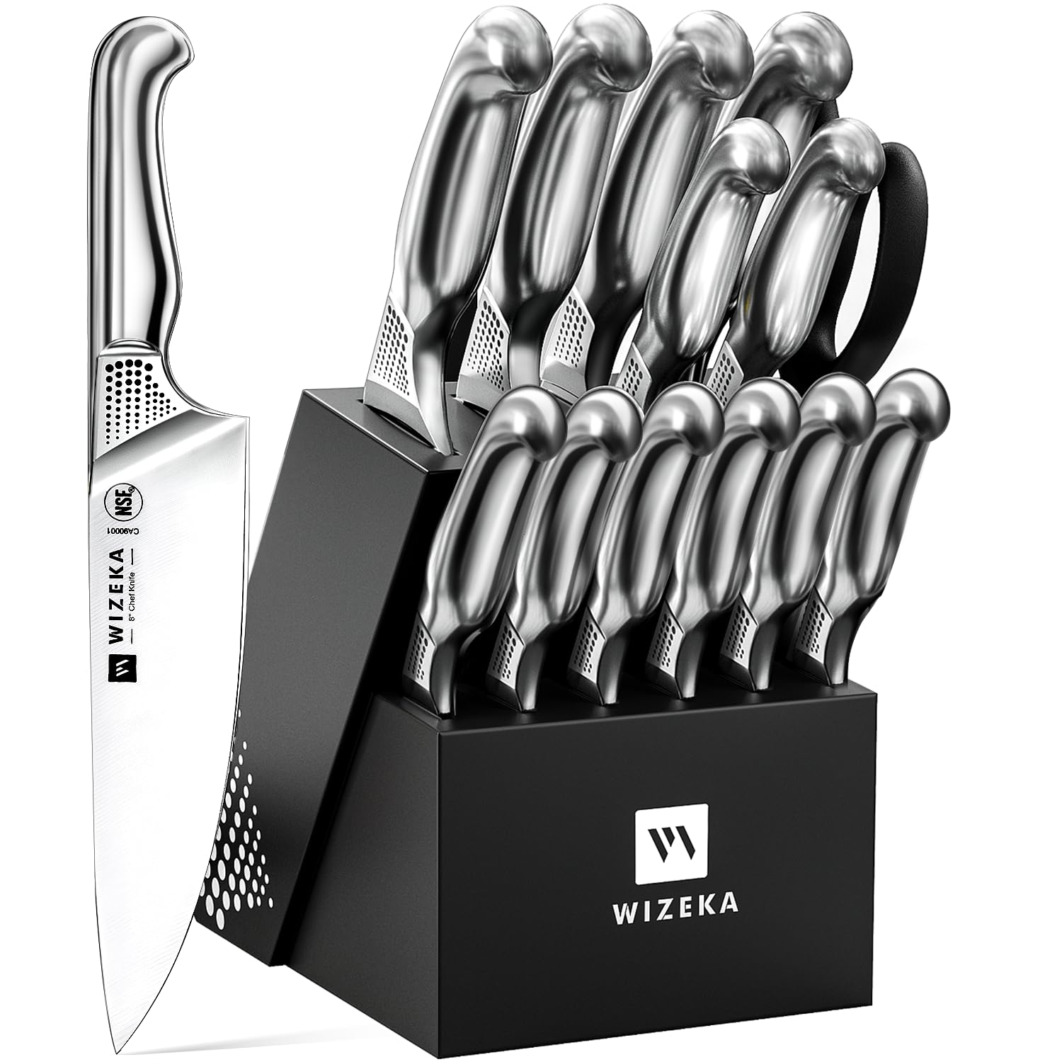 WIZEKA 15-piece knife set displayed in the starry sky block for organized kitchen prep.