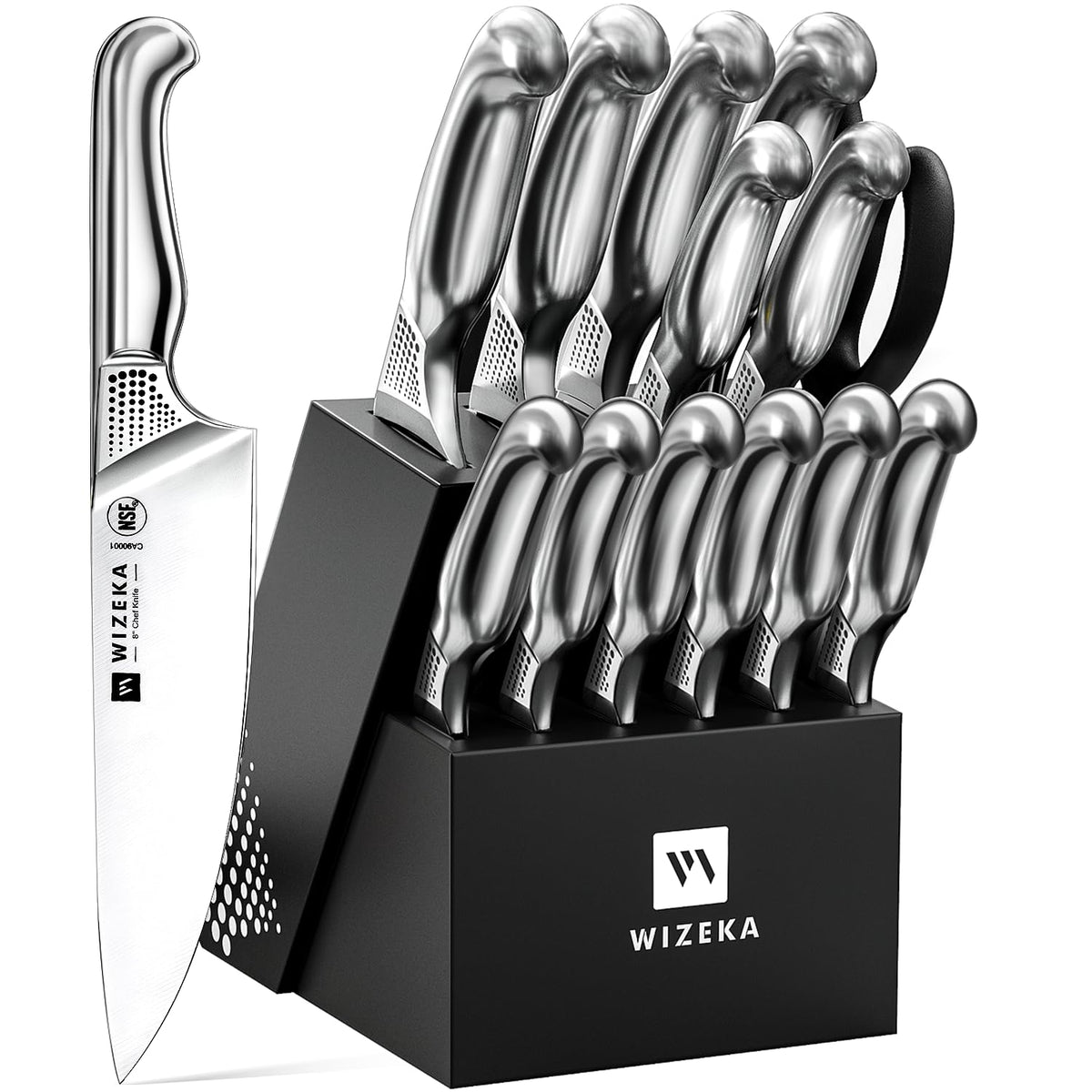 WIZEKA 15-piece knife set displayed in the starry sky block for organized kitchen prep.