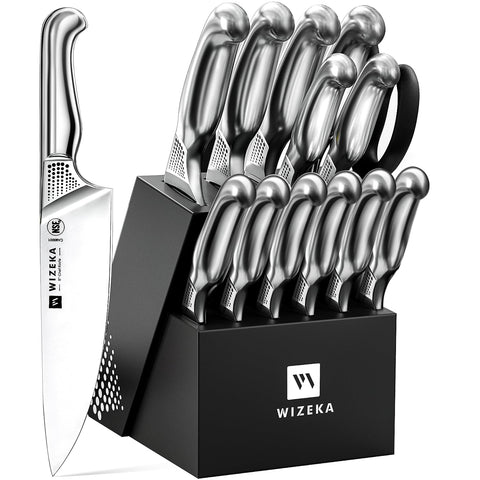WIZEKA 15-piece knife set displayed in the starry sky block for organized kitchen prep.