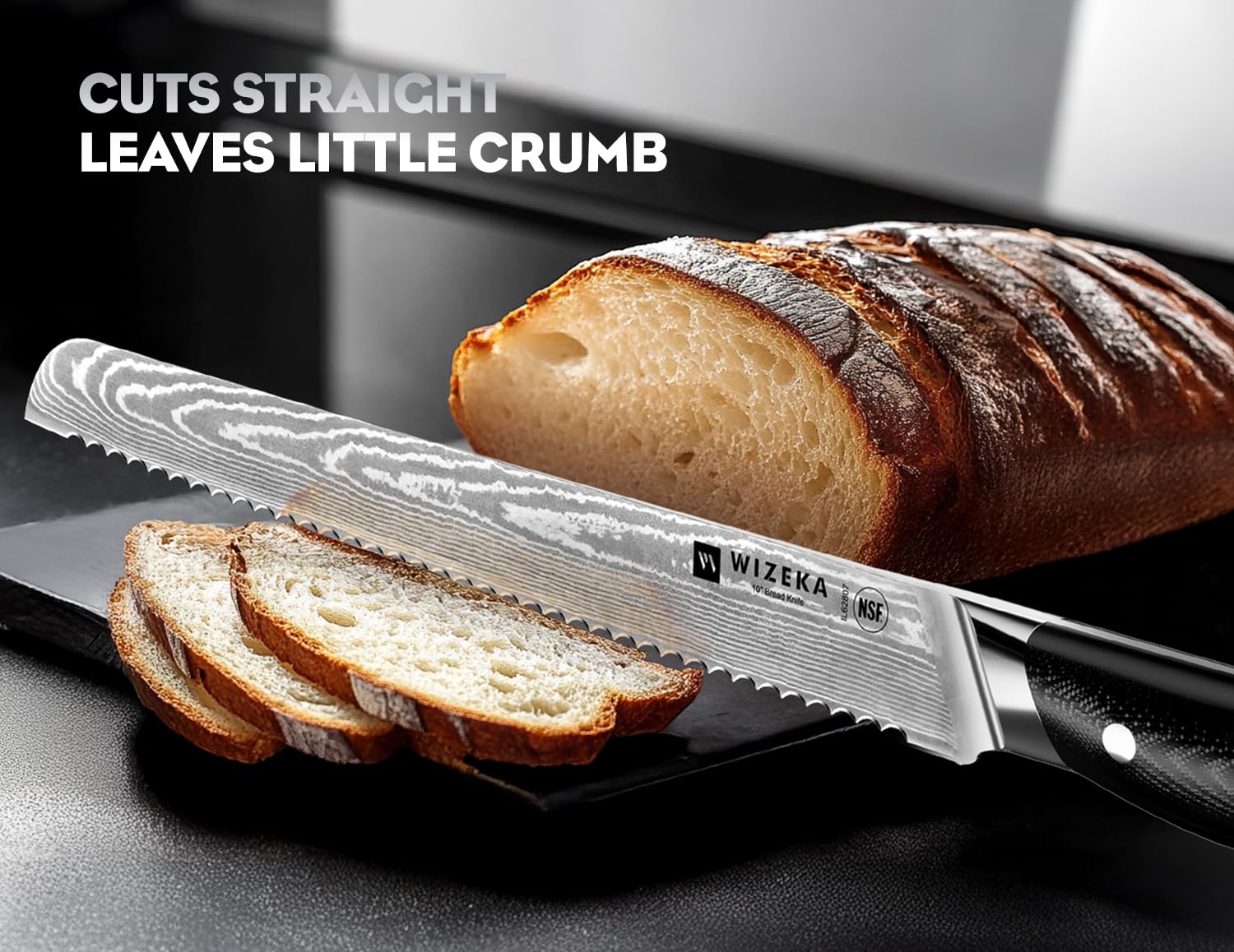 WIZEKA Damascus bread knife handle offers comfortable grip and stability.
