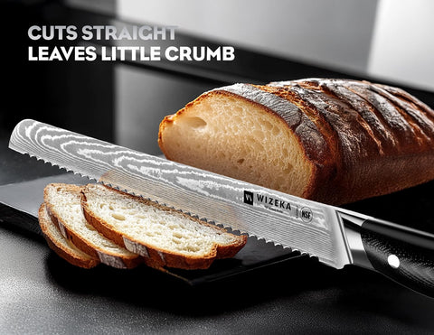 WIZEKA Damascus bread knife handle offers comfortable grip and stability.