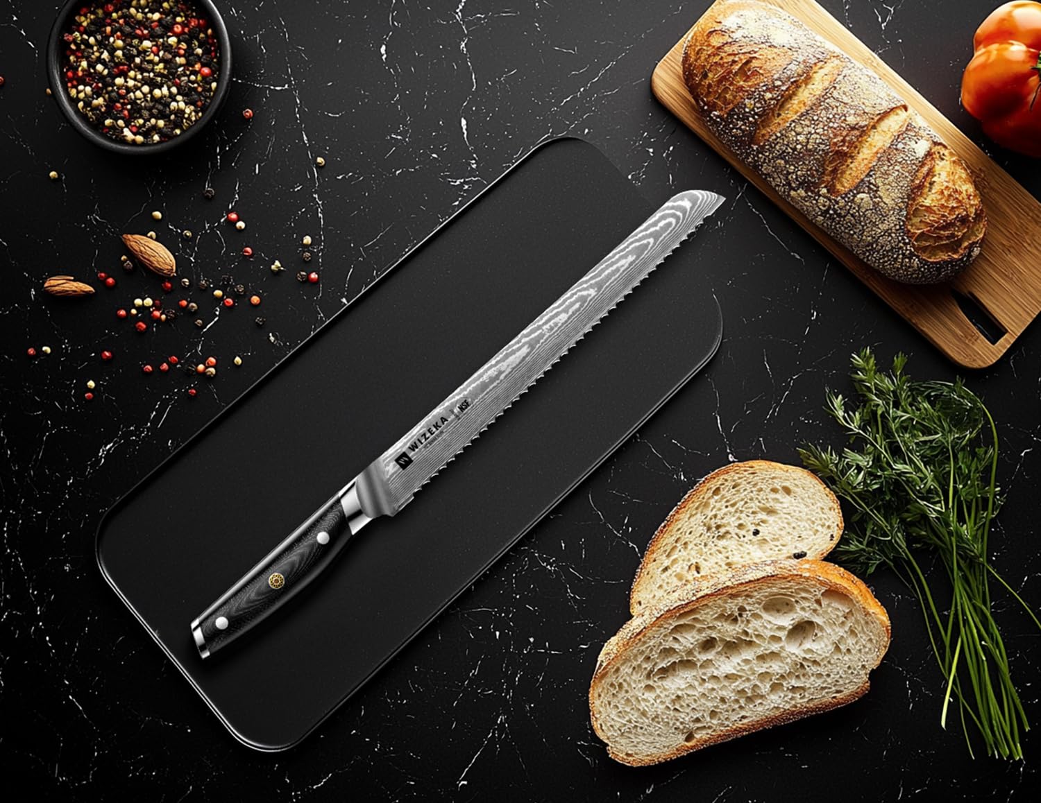 WIZEKA bread knife in use for pastries and fruits.