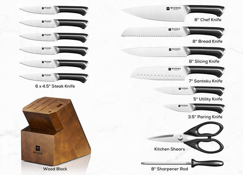 WIZEKA includes kitchen shears and sharpening rod for versatile prep and maintenance.