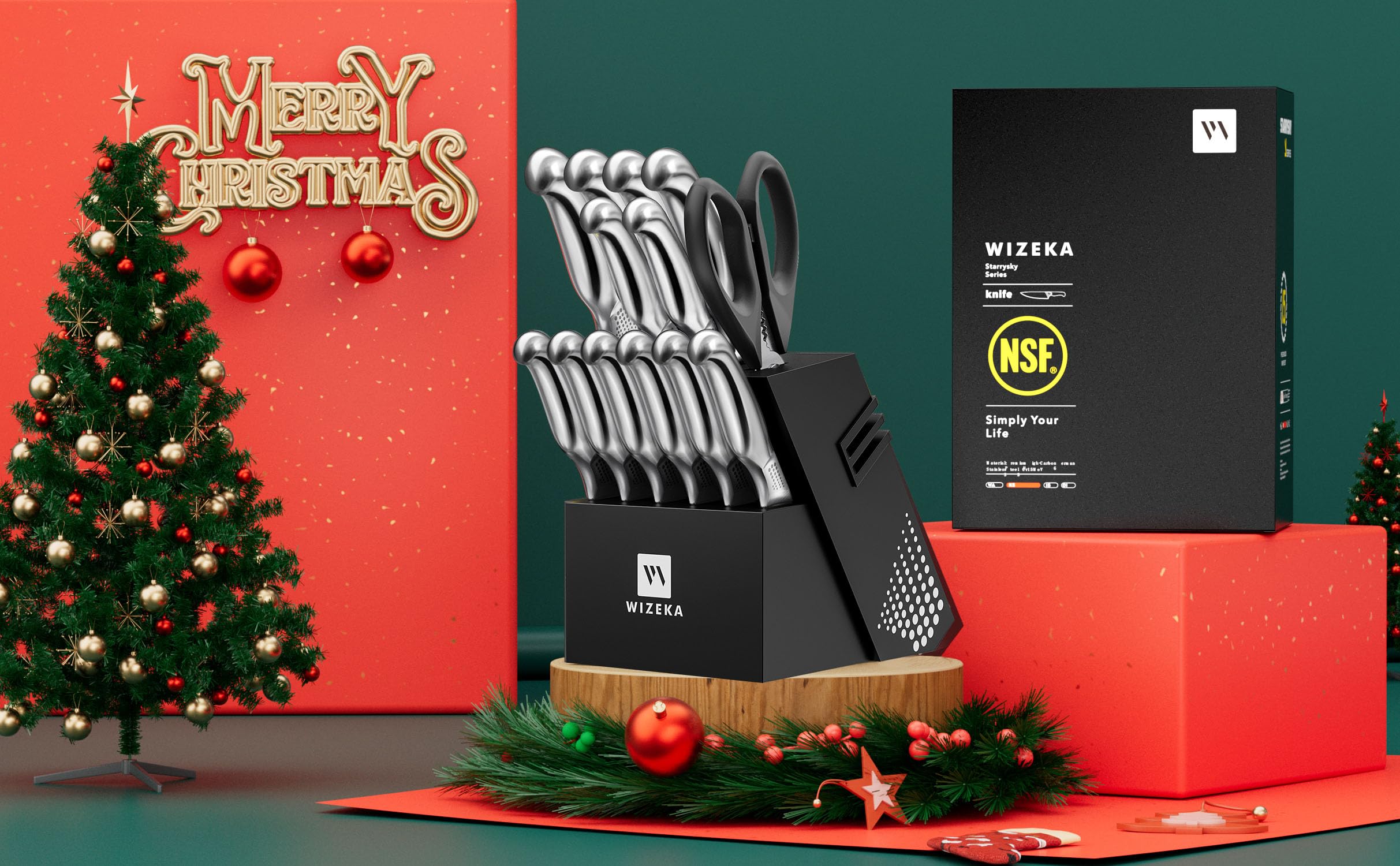 WIZEKA serrated steak knives for clean portions and easy serving.