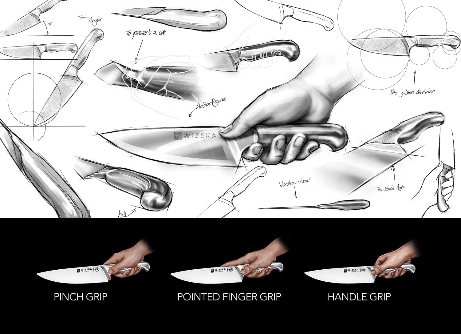 WIZEKA bread knife highlighting serrated edge for clean, effortless slices.