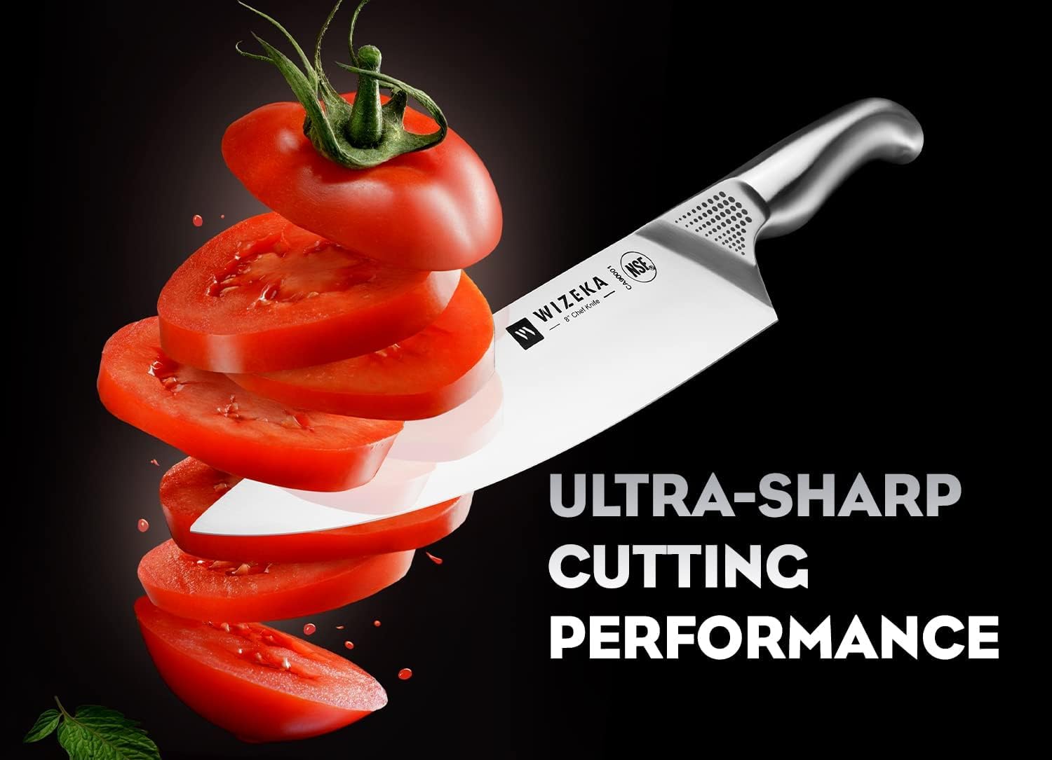 WIZEKA 8-inch chef knife close-up showing a durable, versatile blade for chopping.