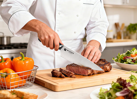 WIZEKA wood block with non-slip base keeps knives organized and secure.