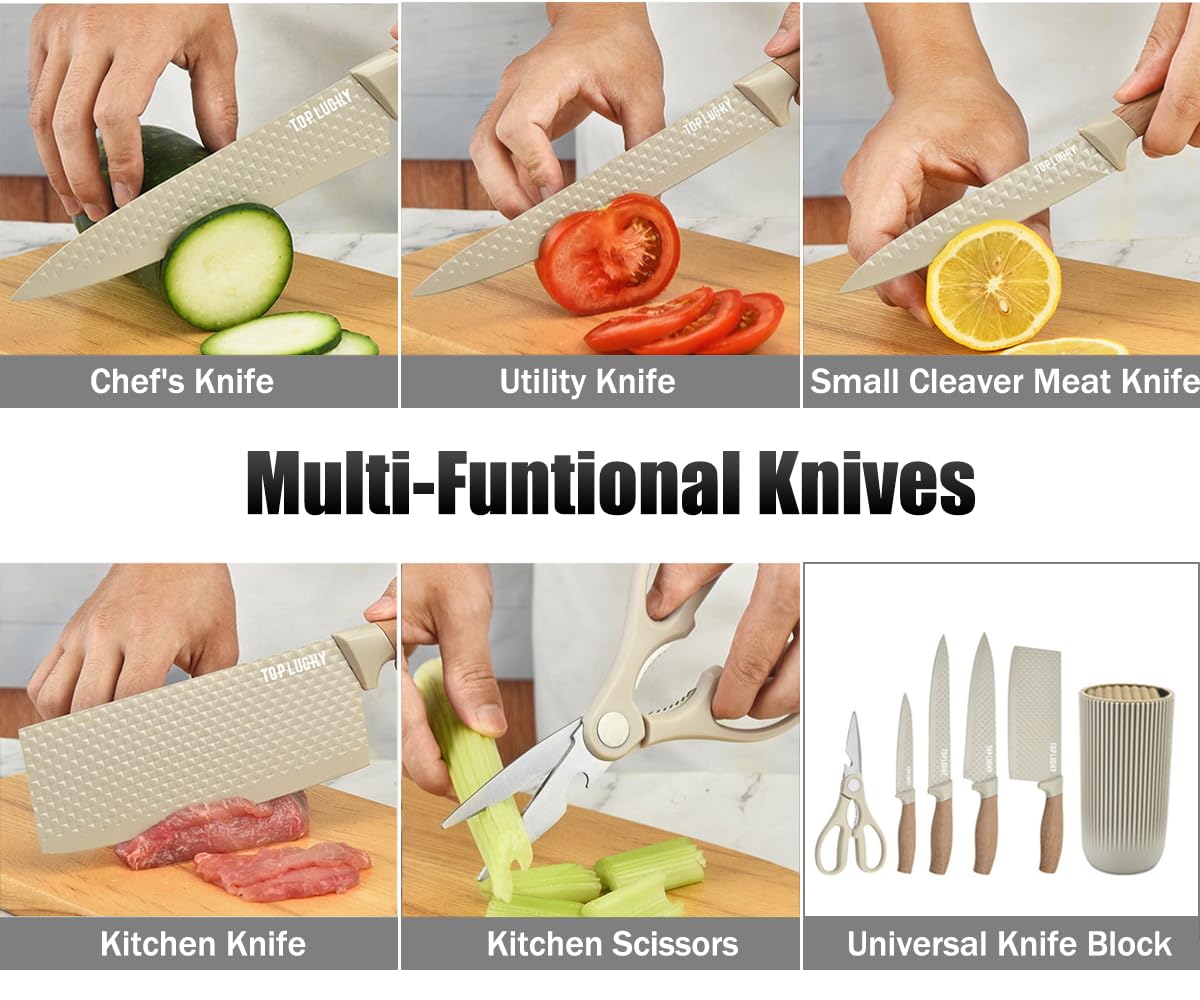 Wiztoynia 10-inch chef knife with khaki handle for balance.