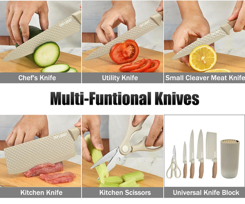 Wiztoynia 10-inch chef knife with khaki handle for balance.
