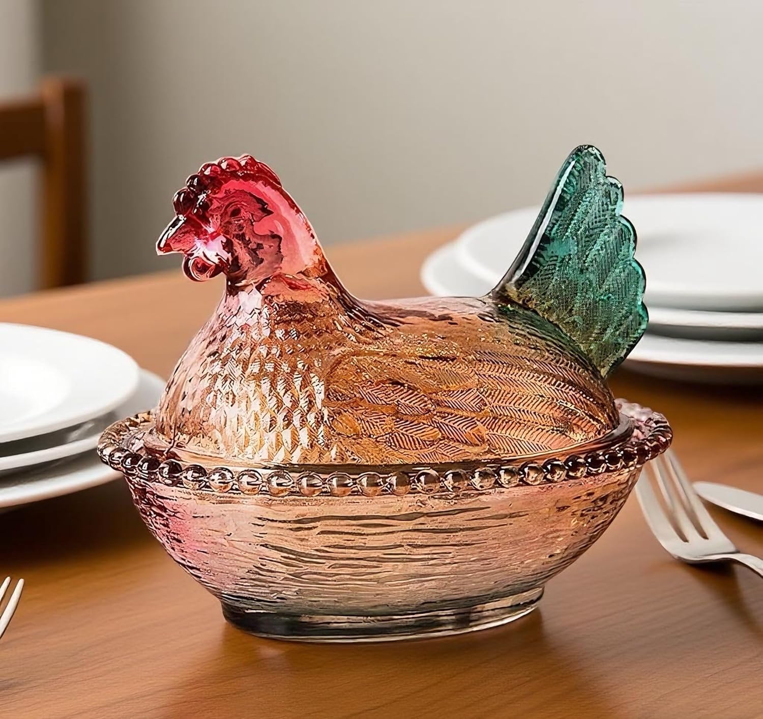 WKHOKI glass hen on nest dish with lid, ideal for cookies and desserts.