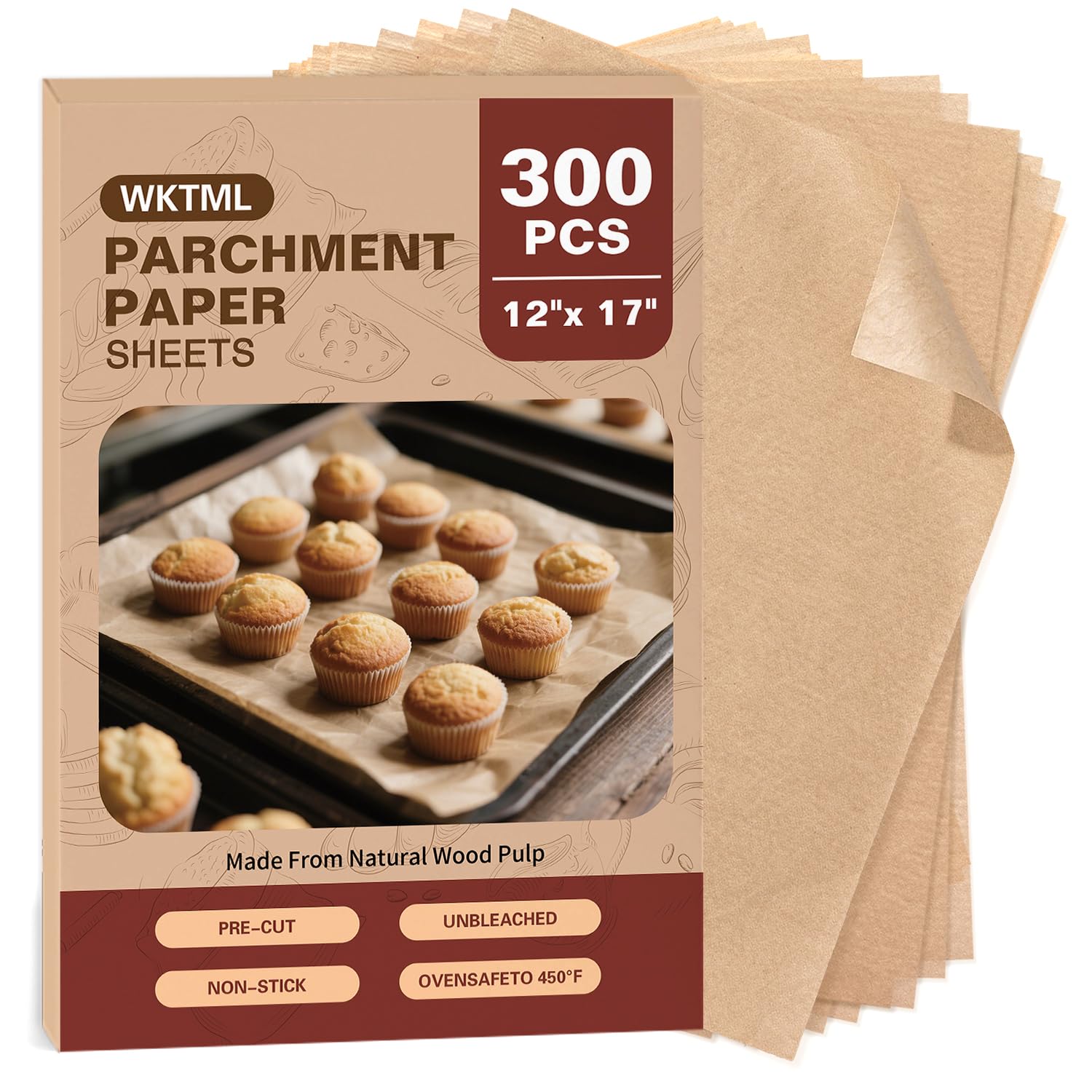 WKTML 300pcs parchment sheets 12x17 pre-cut for fast baking prep and less waste.