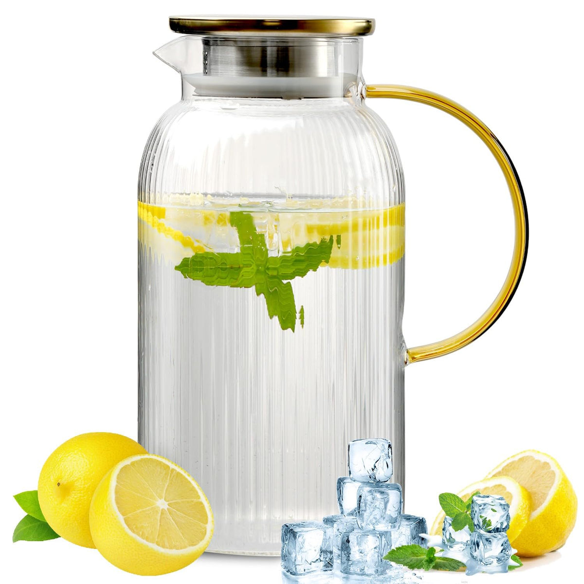 Wlasss 68 oz glass pitcher with lid and handle, ideal for hot and cold beverages.