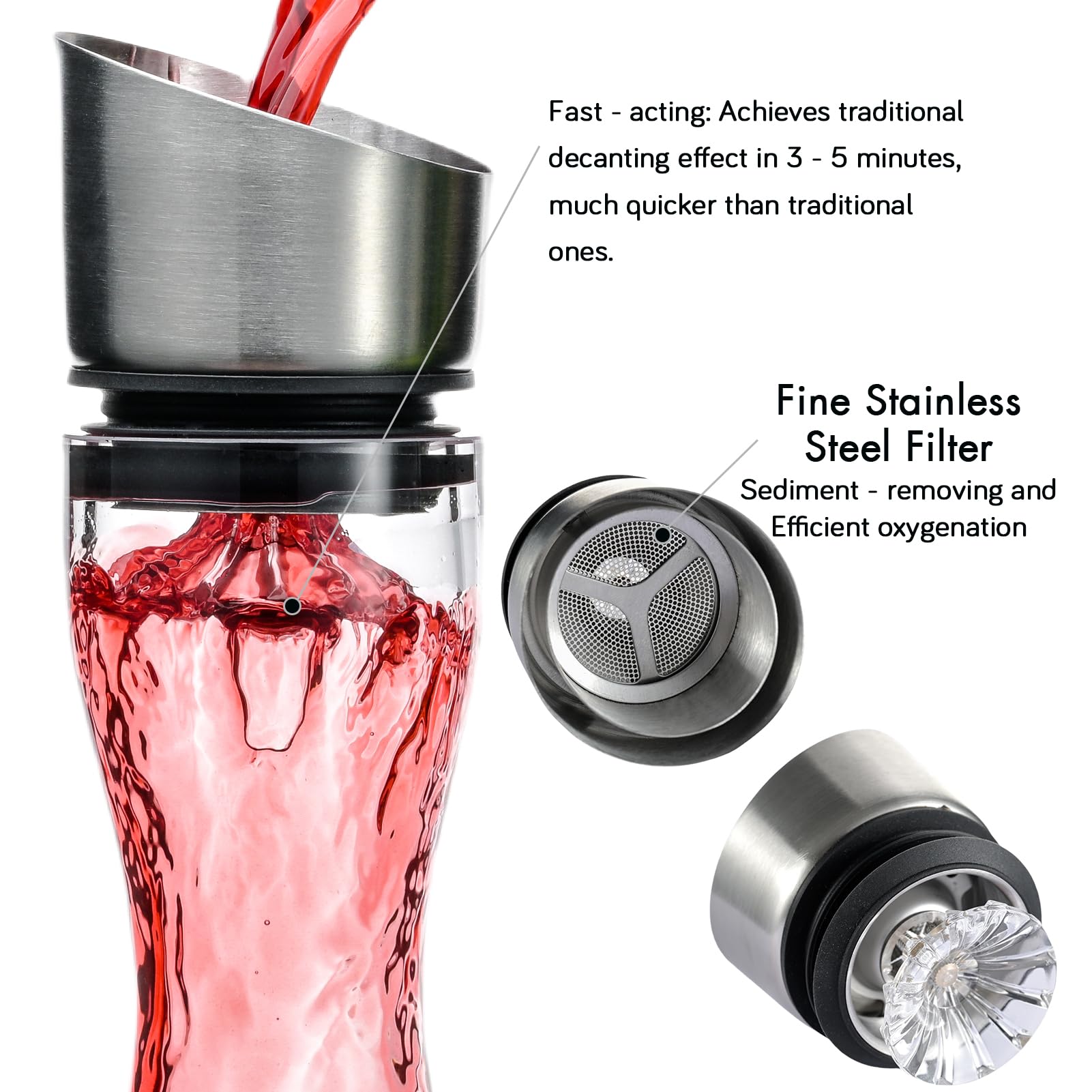 Wlasss stainless steel pour lid detail on premium crystal decanter.