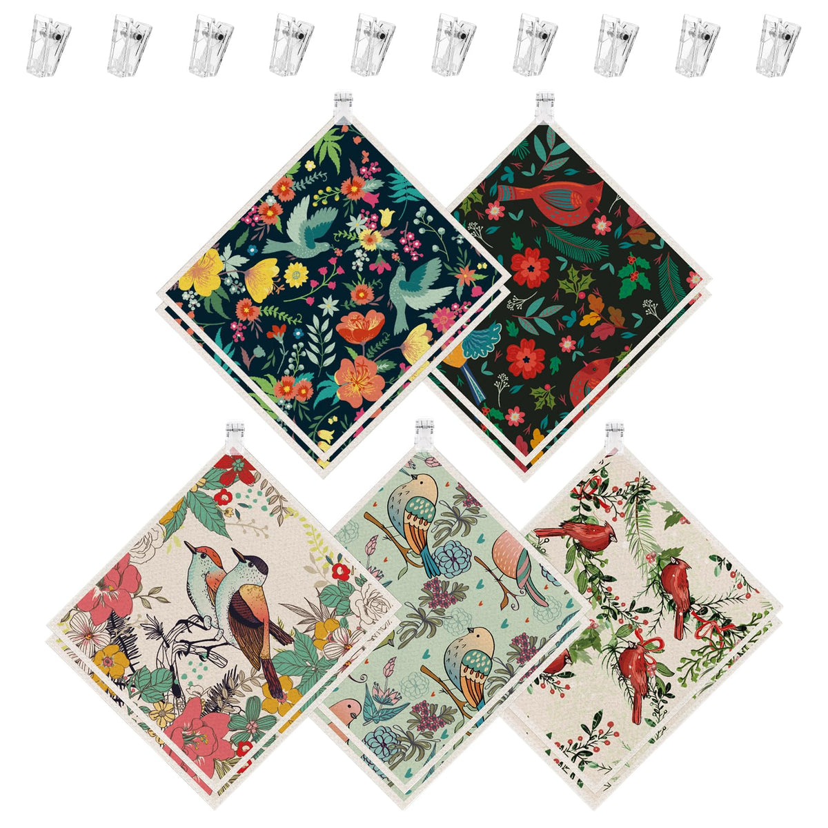 wlich Swedish dishcloth with bird pattern and clip for decorative, reusable cleaning