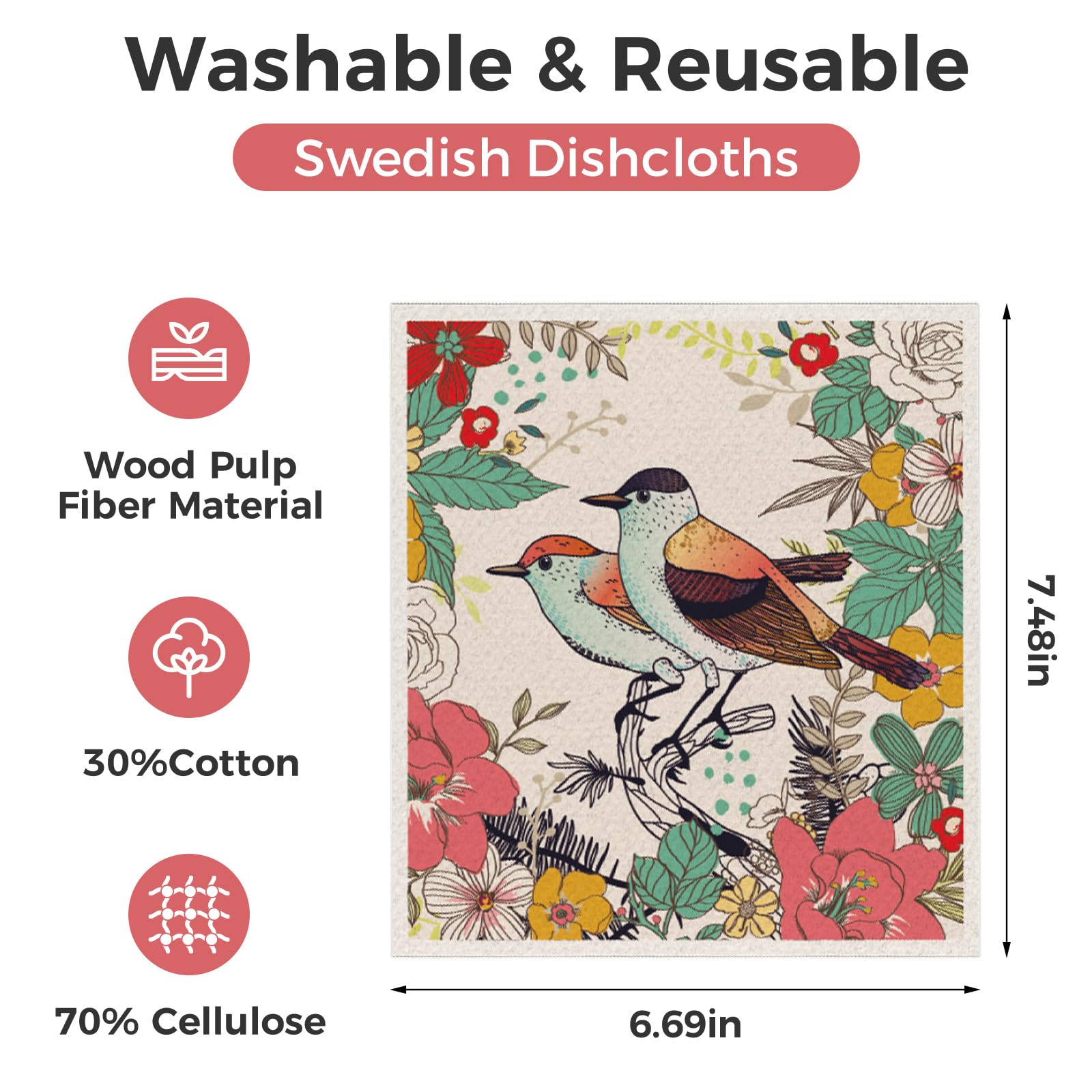 wlich Swedish dishcloth with flower pattern and clip for colorful quick cleanup