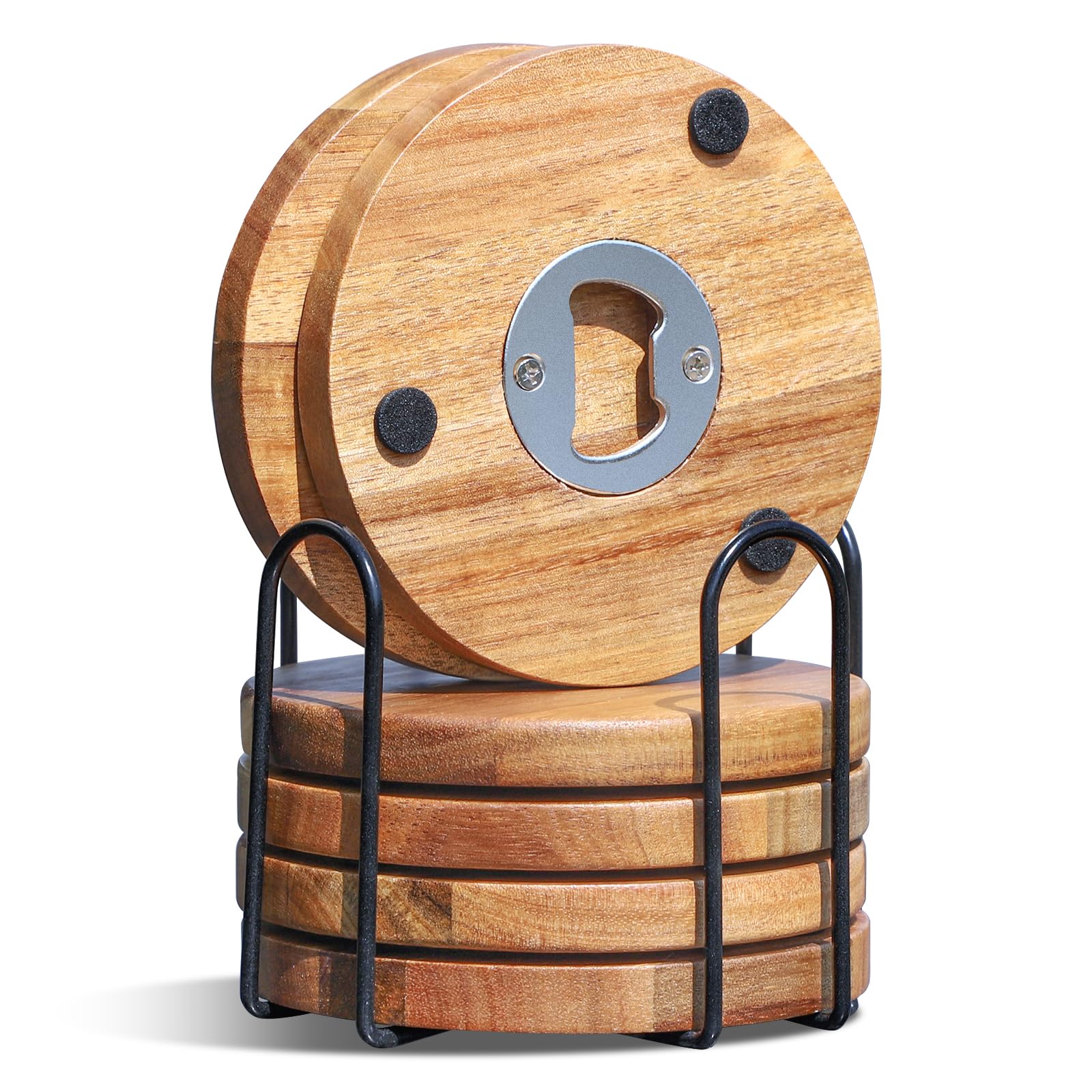 WLWNWFT acacia wood coaster set with bottle opener holder for easy access.