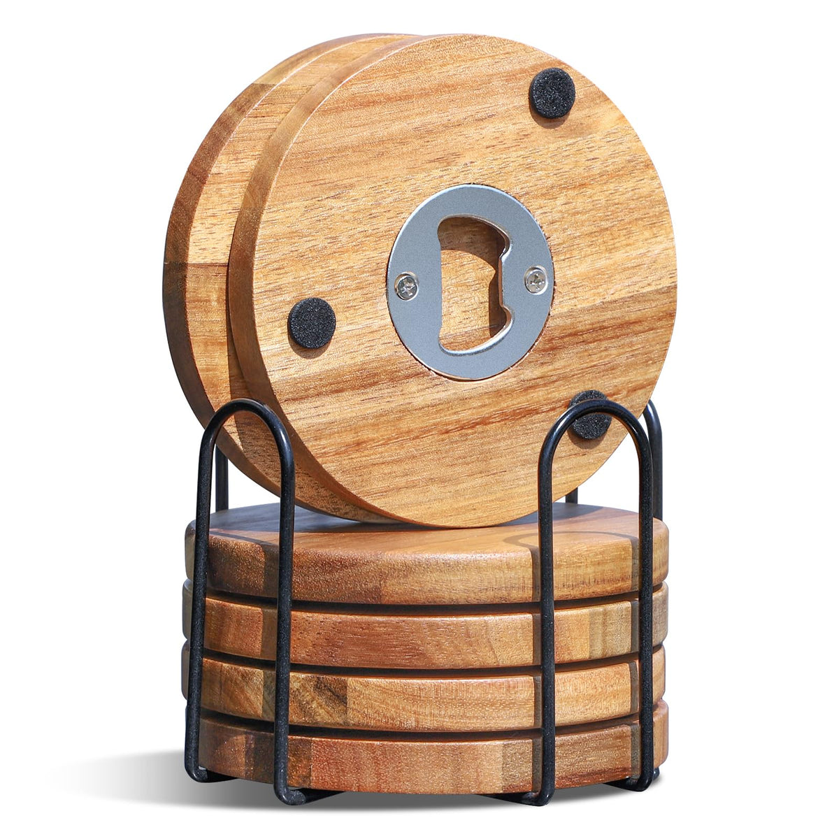 WLWNWFT acacia wood coaster set with bottle opener holder for easy access.
