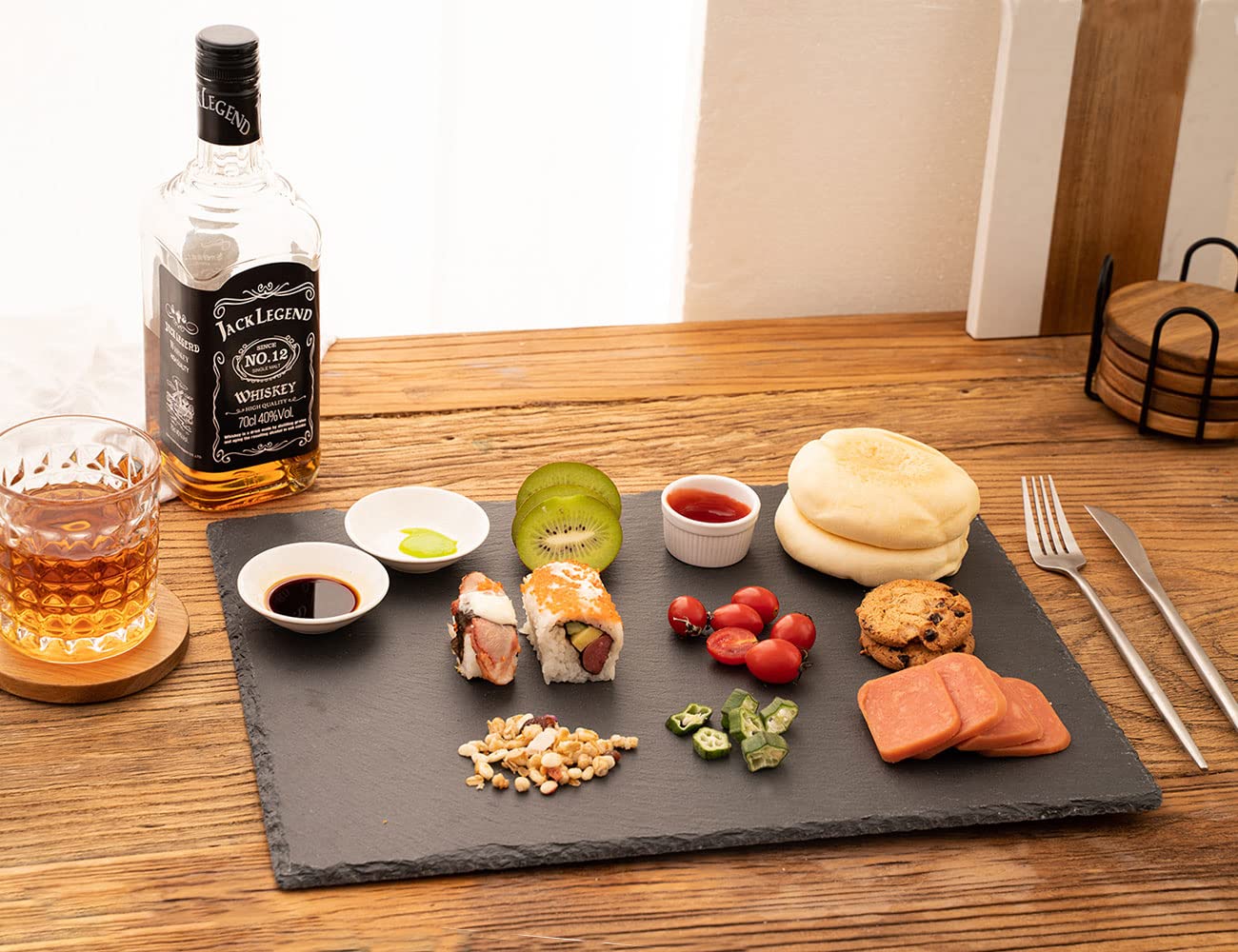 WLWNWFT natural slate texture enhances presentation of cheeses and small bites
