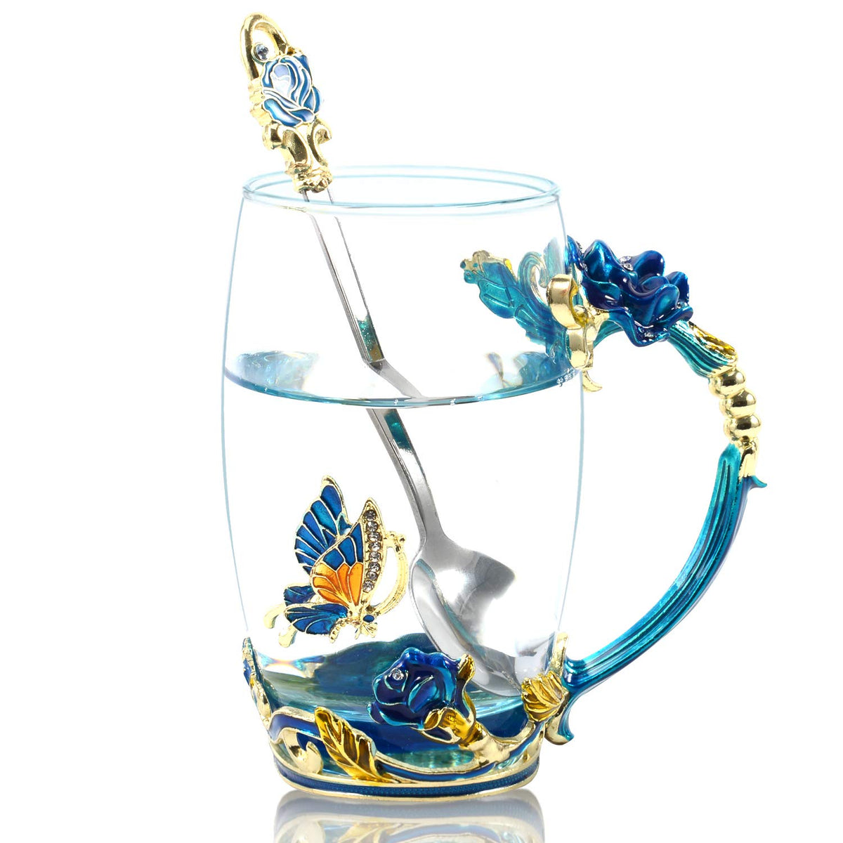 WOBOX enamel tea cup with rose and butterfly motif for elegant tea moments.