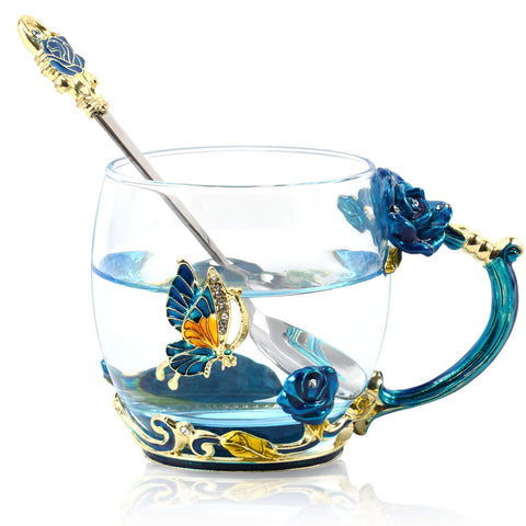 WOBOX Summer enamel tea mug with butterfly detail, perfect for outdoor tea moments