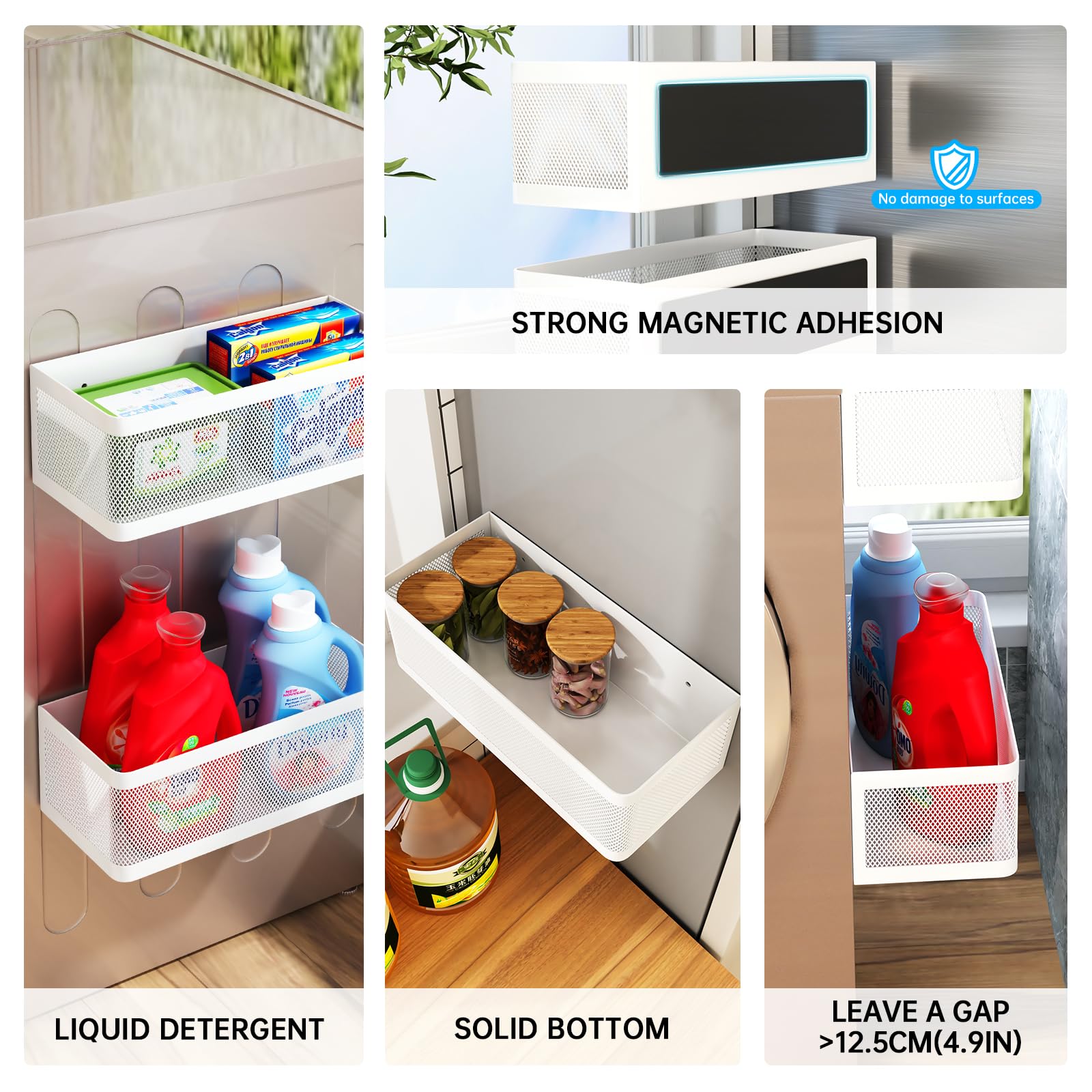 Laundry and kitchen usage on WOCHUANGSI magnetic shelf in a compact setup