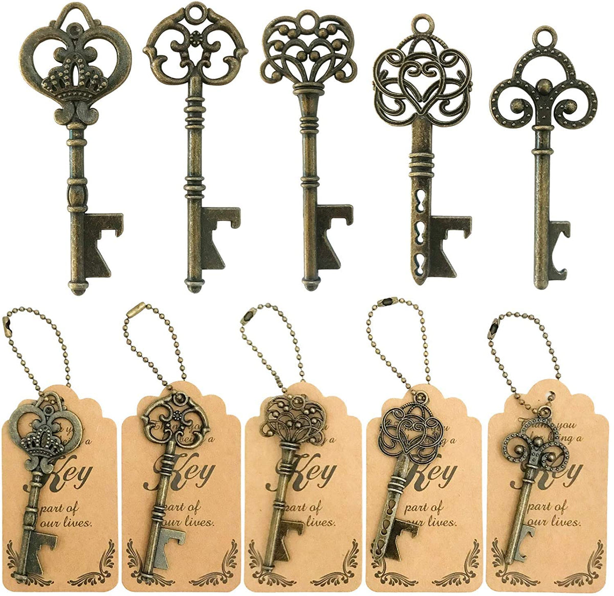 WODEGIFT 50pcs key bottle opener set with vintage bronze skeleton keys, ideal wedding favors.