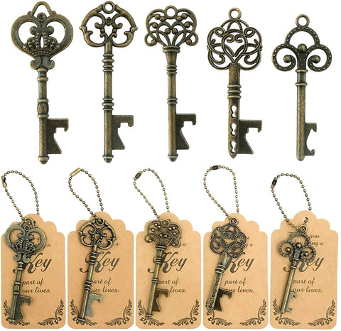 WODEGIFT 50pcs key bottle opener set with vintage bronze skeleton keys, ideal wedding favors.