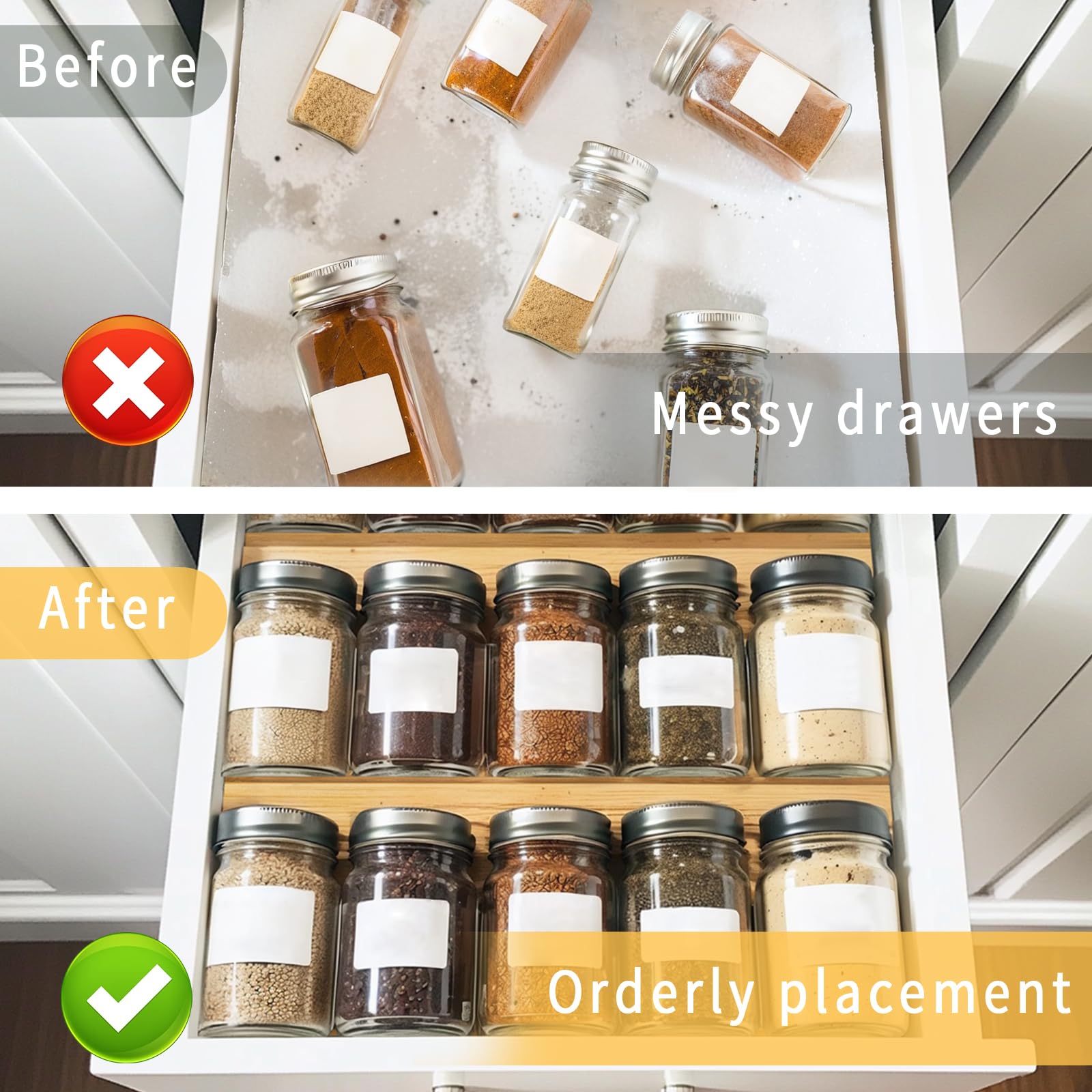 WodGod bamboo spice rack in-drawer setup showcases space saving efficiency