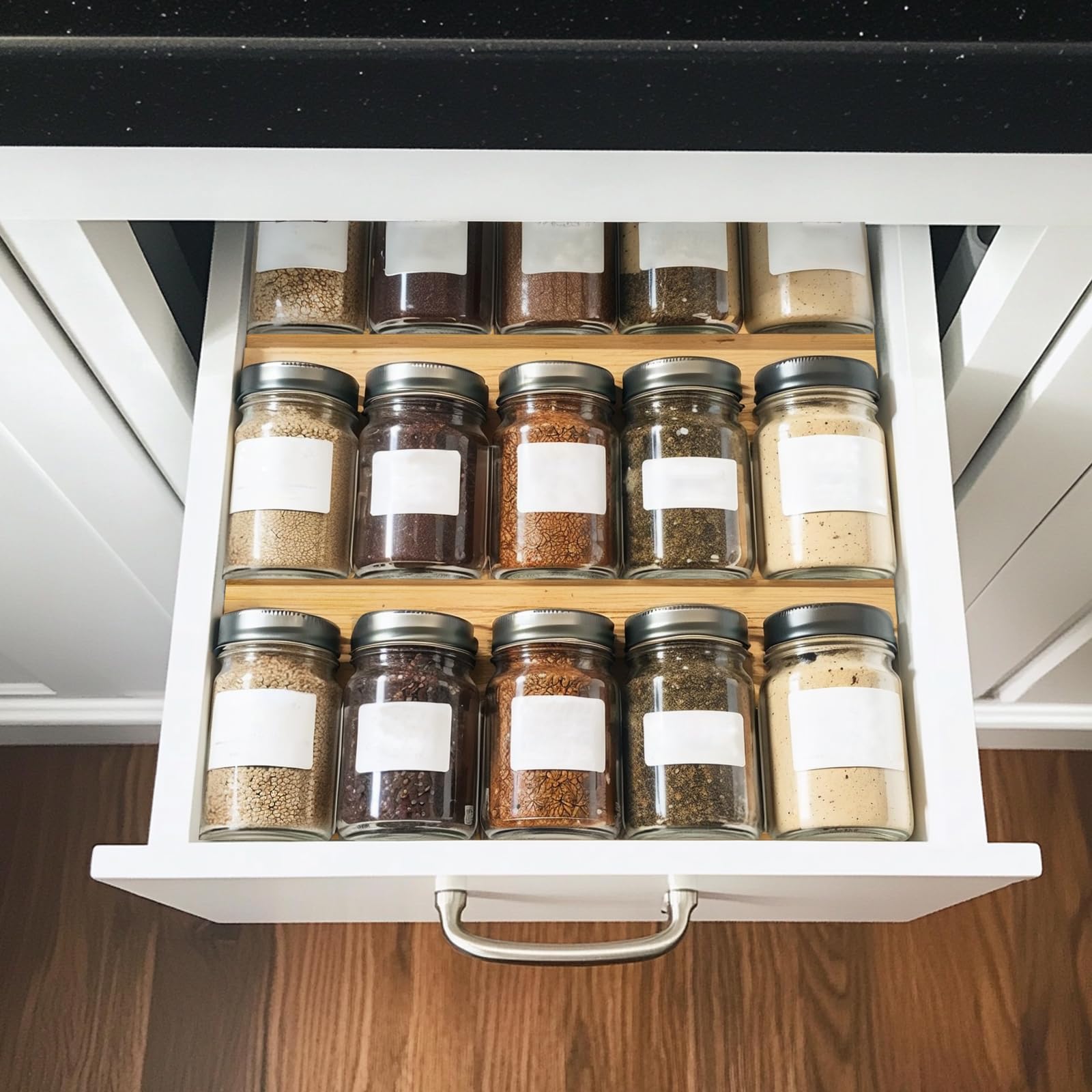 WodGod bamboo spice rack organized kitchen scene emphasizes tidy counters
