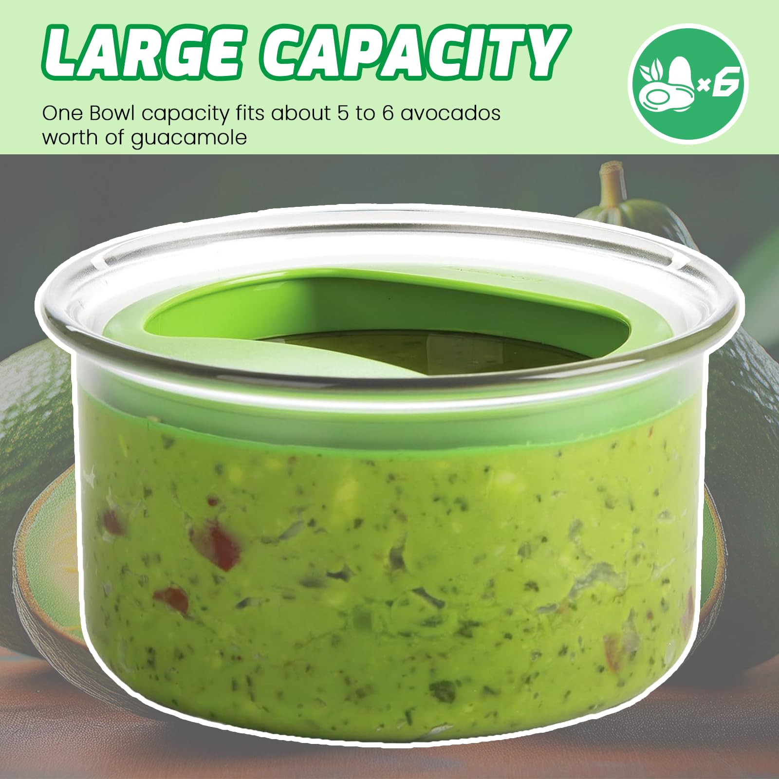 WodGod Guacamole Keeper shows the bowl holding 5–6 avocados worth of dip