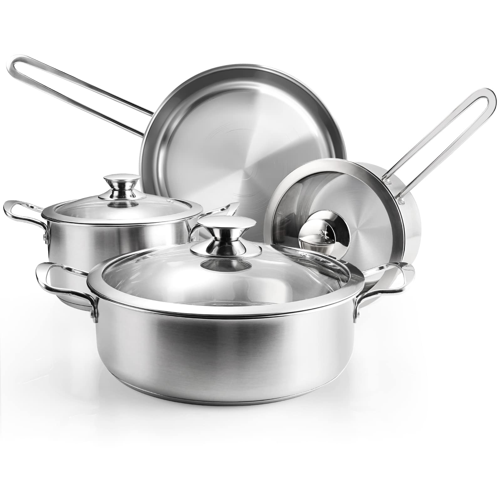 Wodillo 7-piece stainless steel cookware set viewed together for versatile family meals.