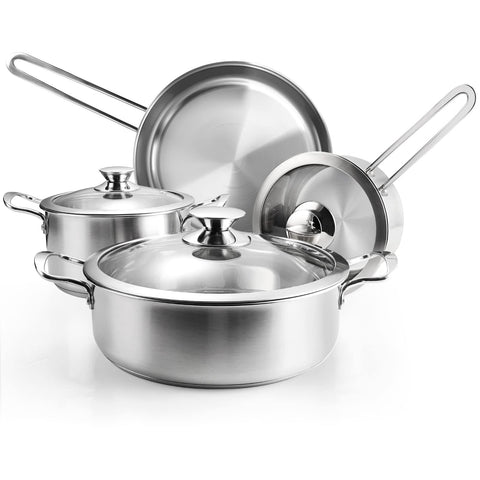 Wodillo 7-piece stainless steel cookware set viewed together for versatile family meals.