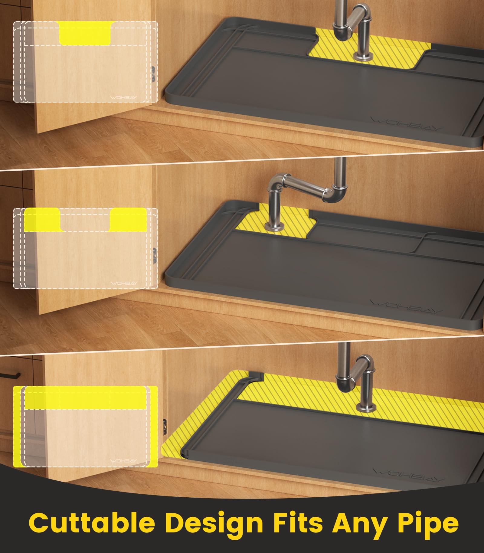 Wohbay 34x22 under-sink mat fits larger cabinets.