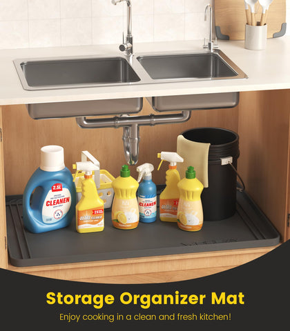 Wohbay silicone under-sink liner keeps pipes dry and organized.