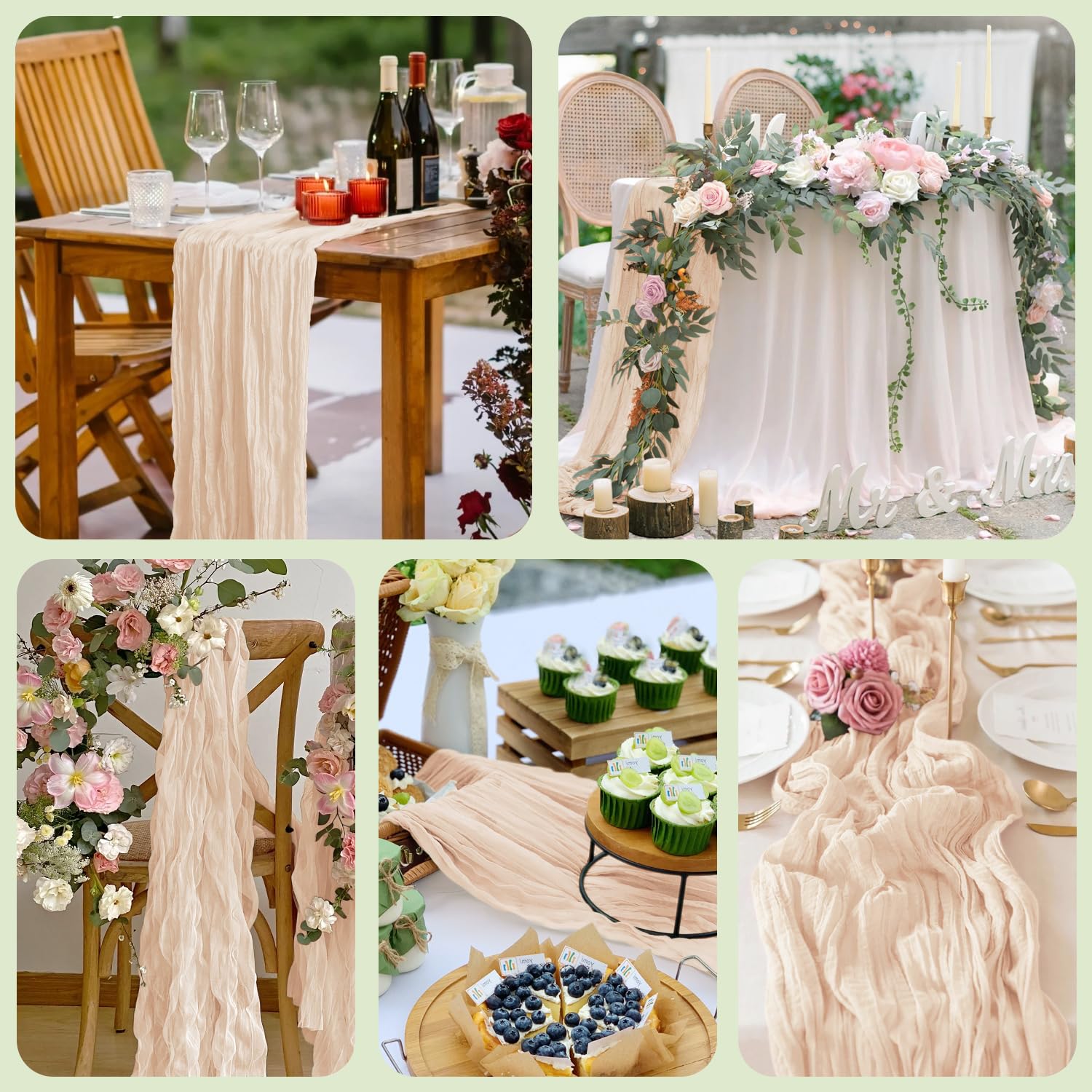 Beige table runner styled with seasonal decor at a table.