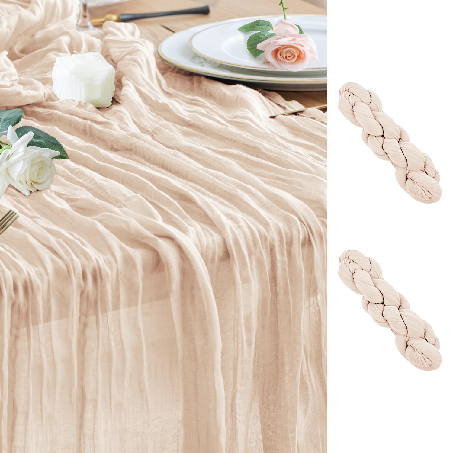 Wokceer beige cheesecloth table runner 10ft on table enhances rustic ambience for gatherings.