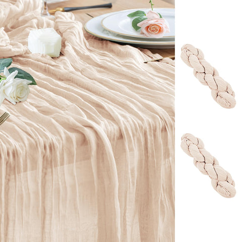 Wokceer beige cheesecloth table runner 10ft on table enhances rustic ambience for gatherings.