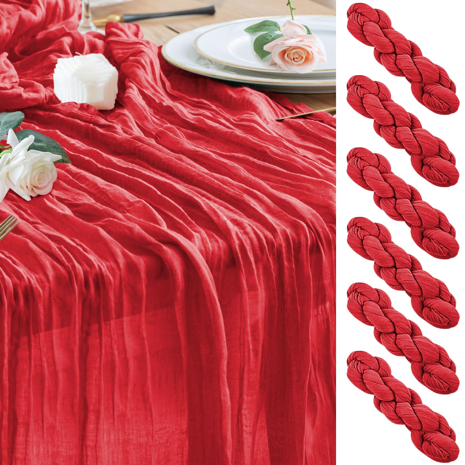 Wokceer red cheesecloth table runner, 10ft, ideal for large festive tables.