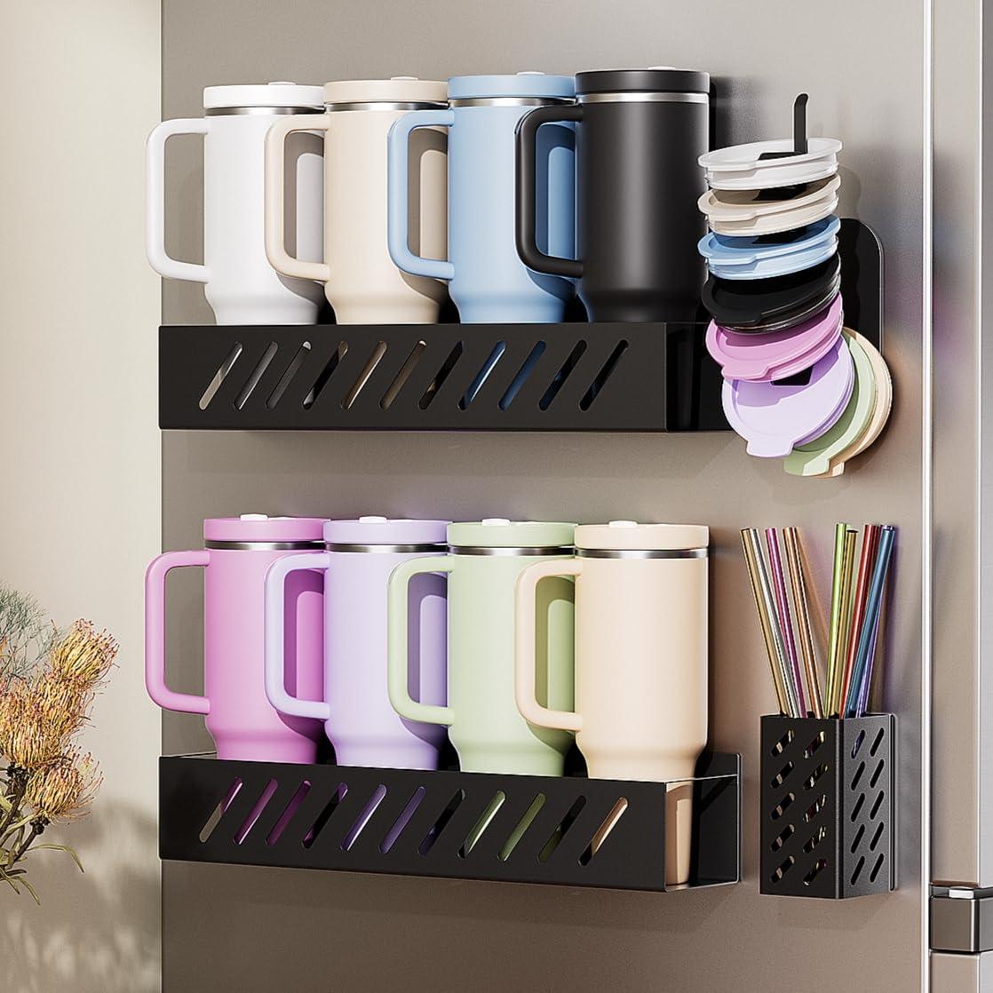 Wolera Stanley cup holder fridge-mount keeps tumblers organized and accessible.