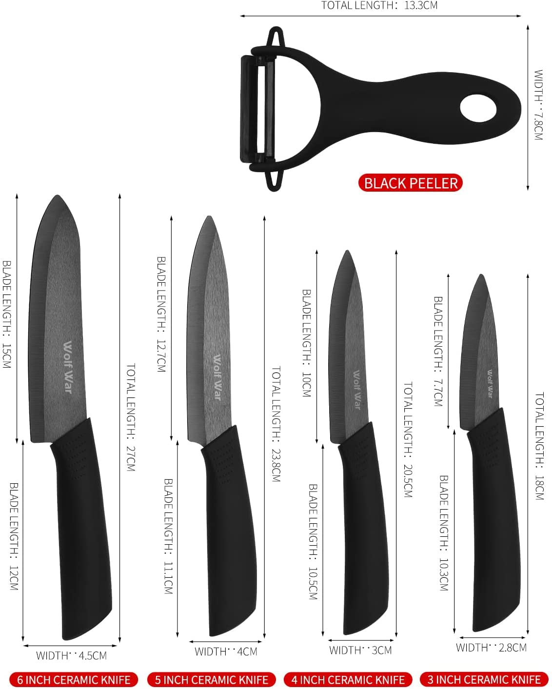Wolf War ceramic knife set with sheaths protecting blades after use.