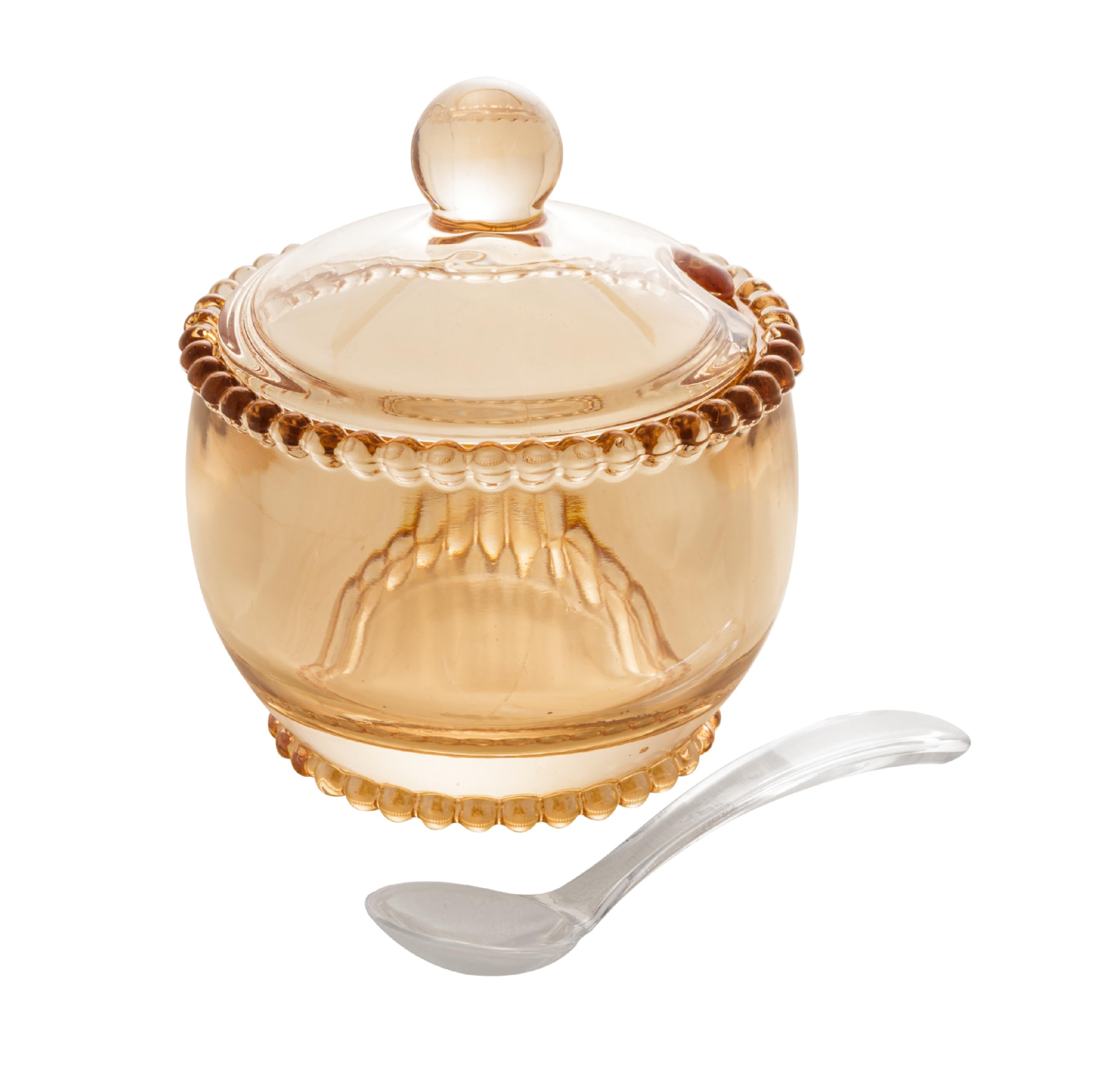 WOLFF Pearl Crystal Sugar Bowl with amber lid and spoon for elegant table serving.