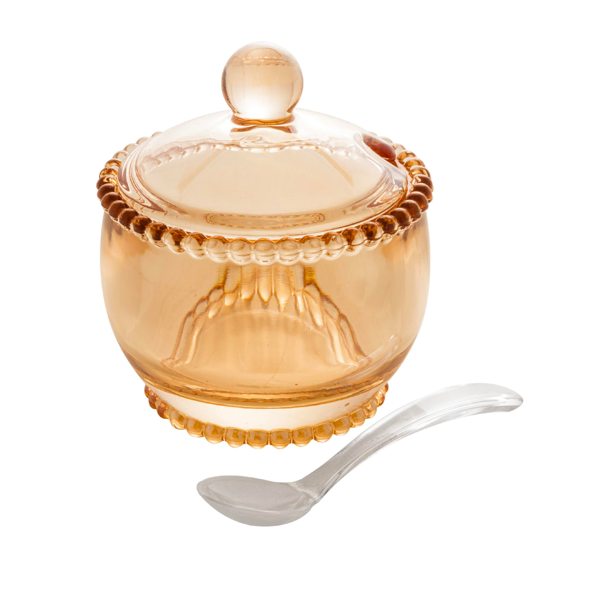WOLFF Pearl Crystal Sugar Bowl with amber lid and spoon for elegant table serving.