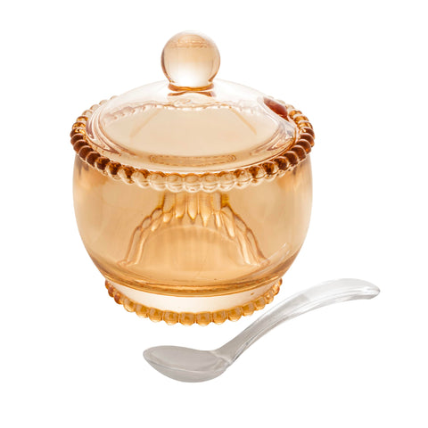 WOLFF Pearl Crystal Sugar Bowl with amber lid and spoon for elegant table serving.
