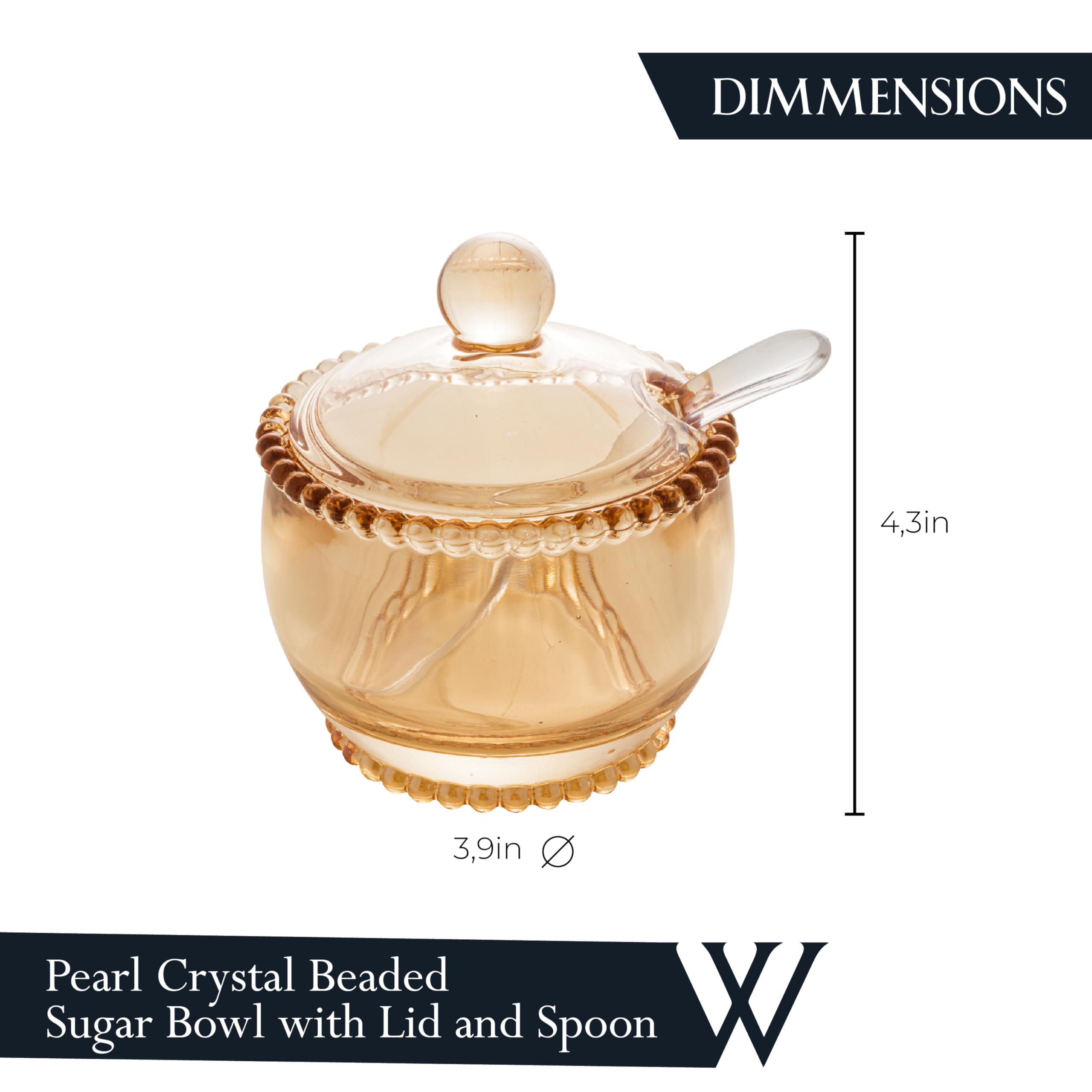 WOLFF Amber crystal sugar bowl set with lid and spoon on dining table.