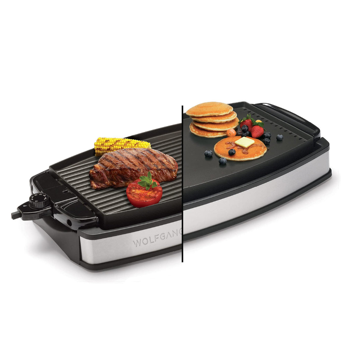 Wolfgang Puck XL grill side in action showing indoor searing and bold grill marks