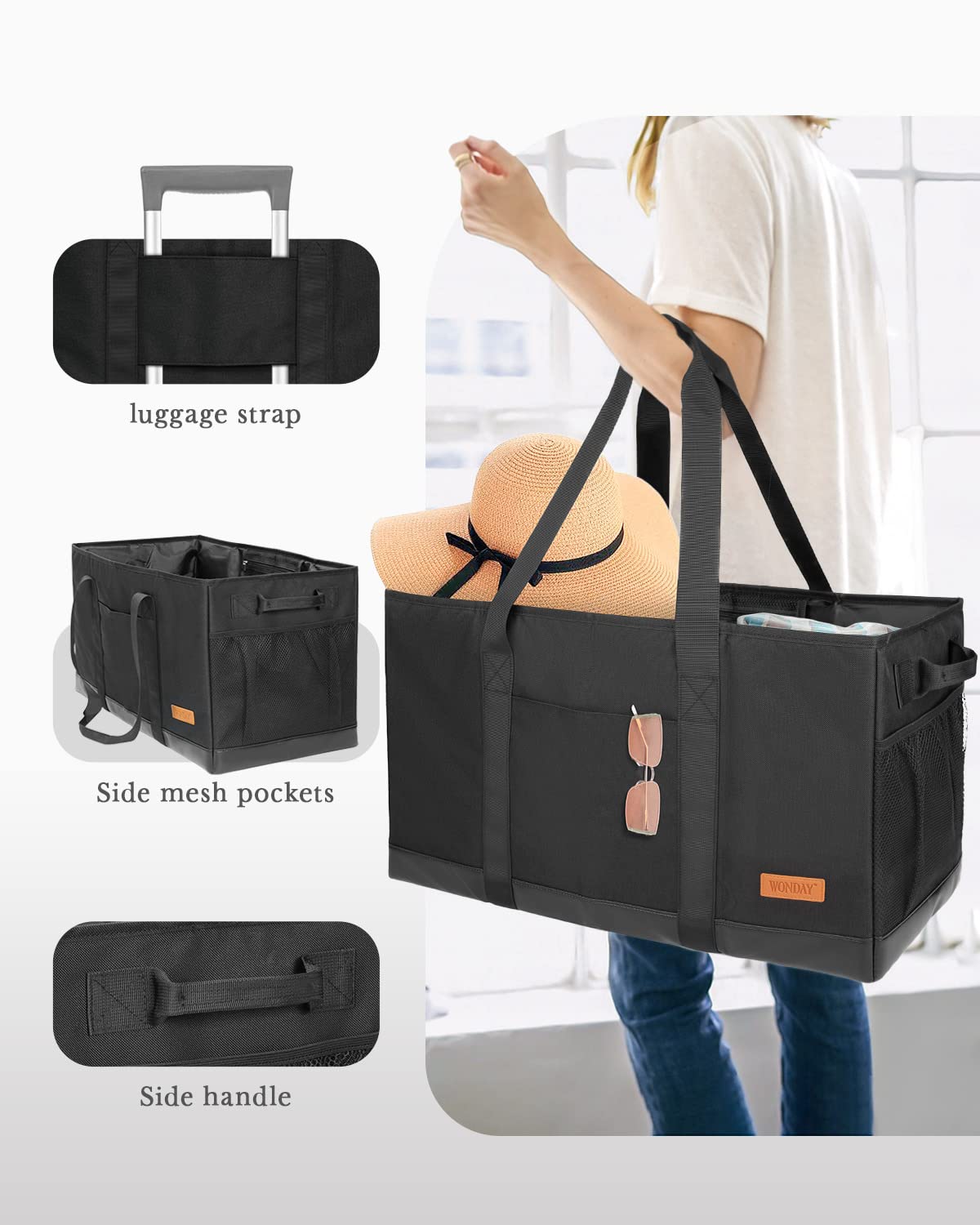 WONDAY tote with strong webbing handles supports heavy loads for markets and picnics