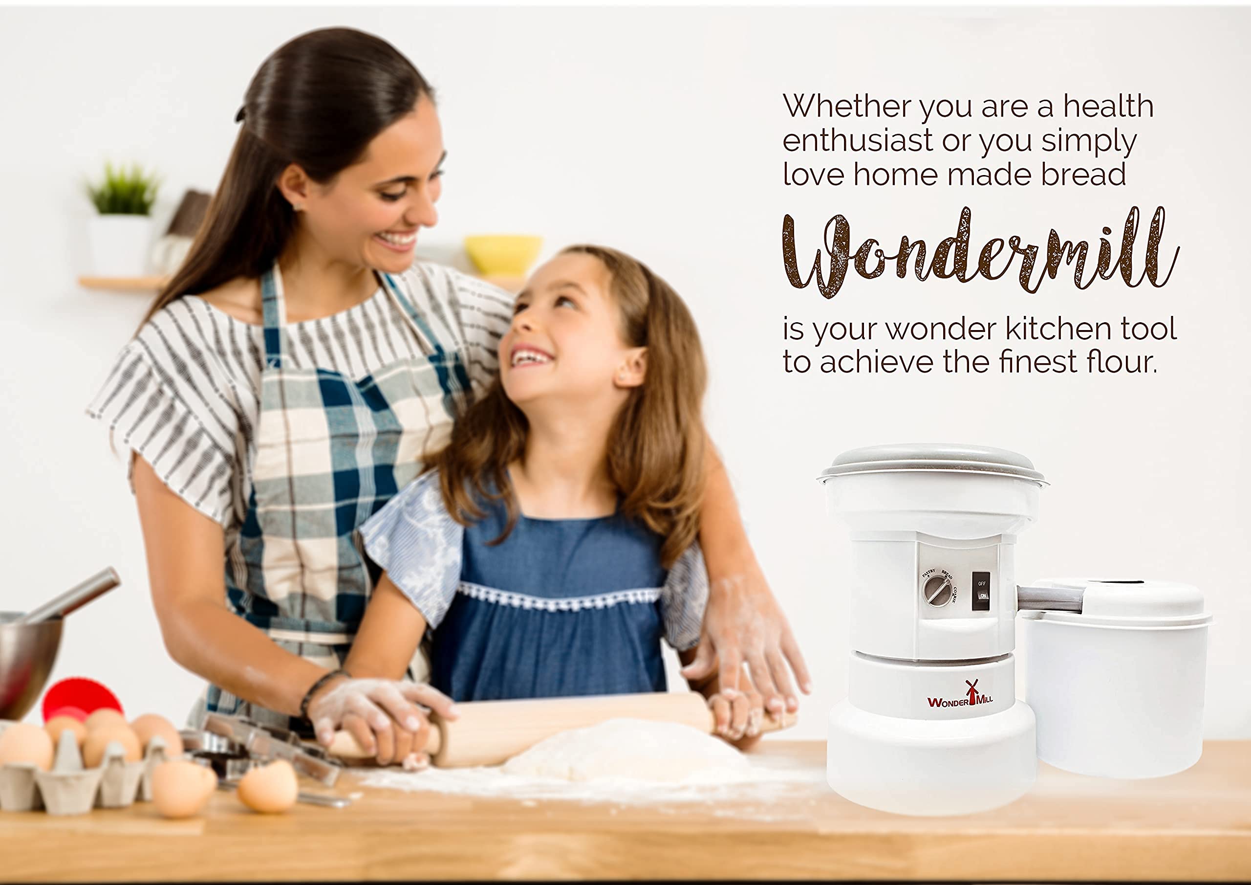WonderMill filtration tube in use reduces flour spills during grinding.