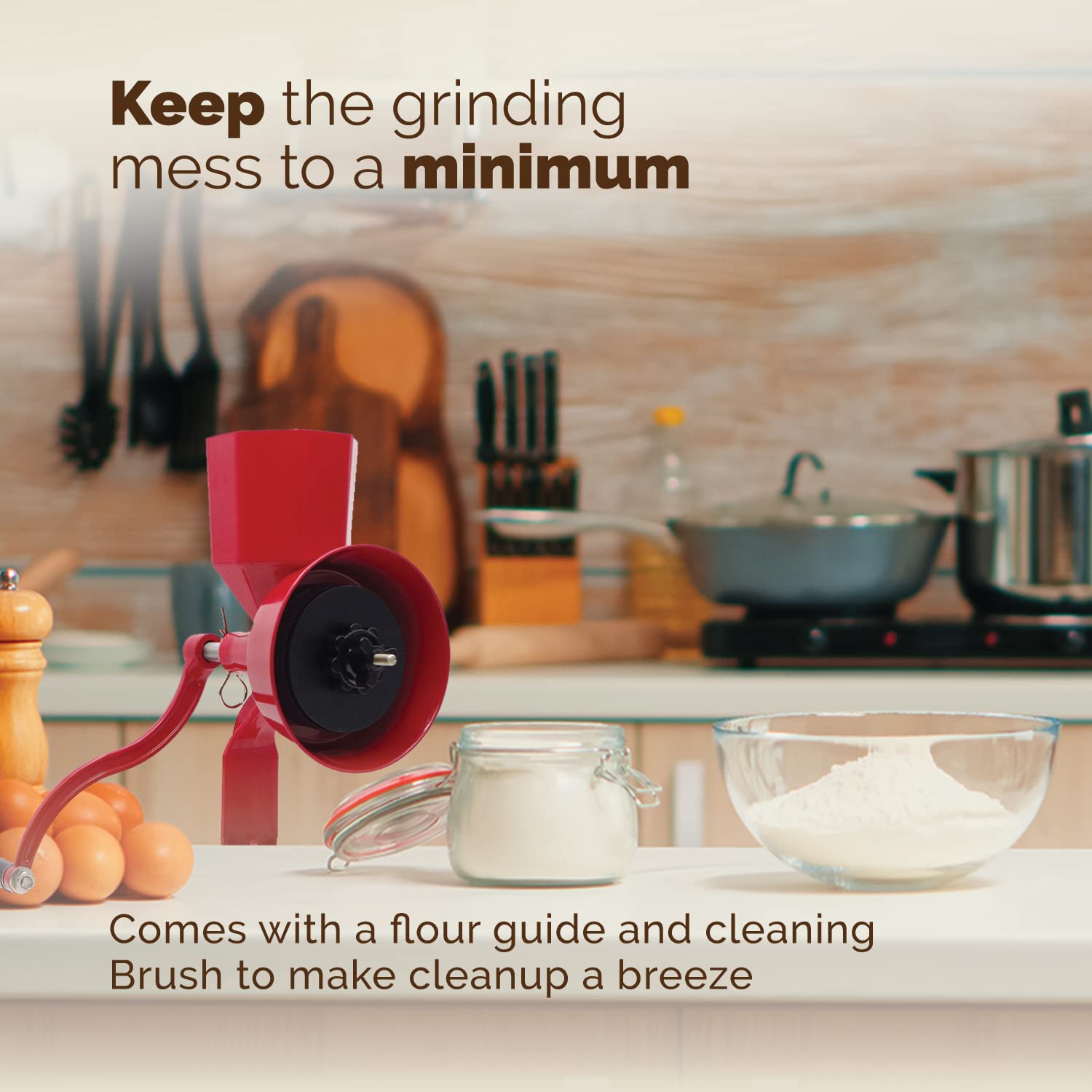 WONDERMILL Junior Deluxe table-mount setup secures the mill for steady grinding.