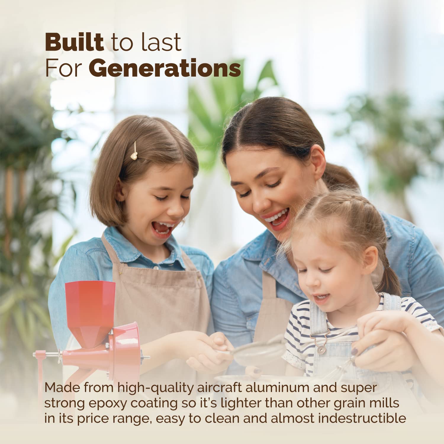 WONDERMILL Junior Deluxe handles grains, nuts, seeds, and spices for versatile milling.