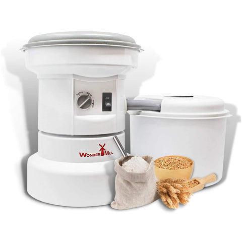WonderMill powerful electric grain mill front view demonstrates efficiency in flour grinding.